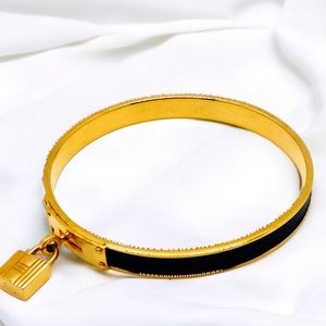 Hermes Gold and Black Enamel Bangle Bracelet with Padlock Charm